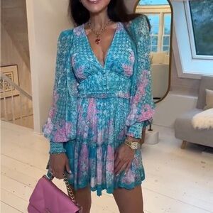 HEMANT & NANDITA Teal and Pink Floral Georgette Dress